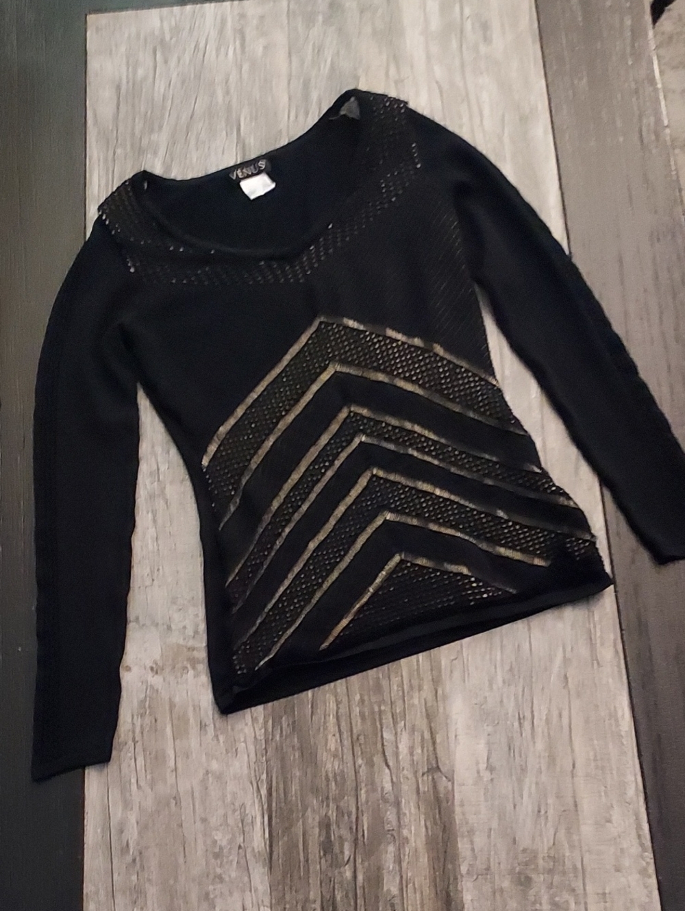 VENUS Black Long-Sleeve Scoop Neck Sweater with Gold Chevron Stripes